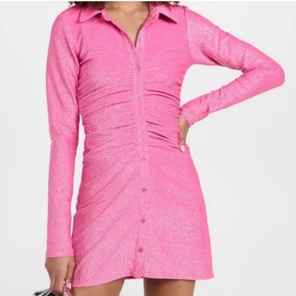 BNWT Good American Hawaiian Pink Magenta Glitter Ruched Button Down Dress Sz 5
